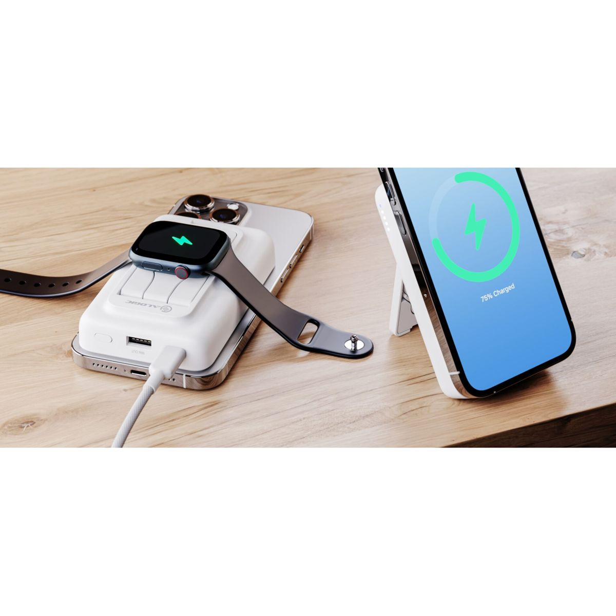 Een wit oplaadstation met een horloge en telefoon. De telefoon toont 75% opgeladen. Een kabel is aangesloten.