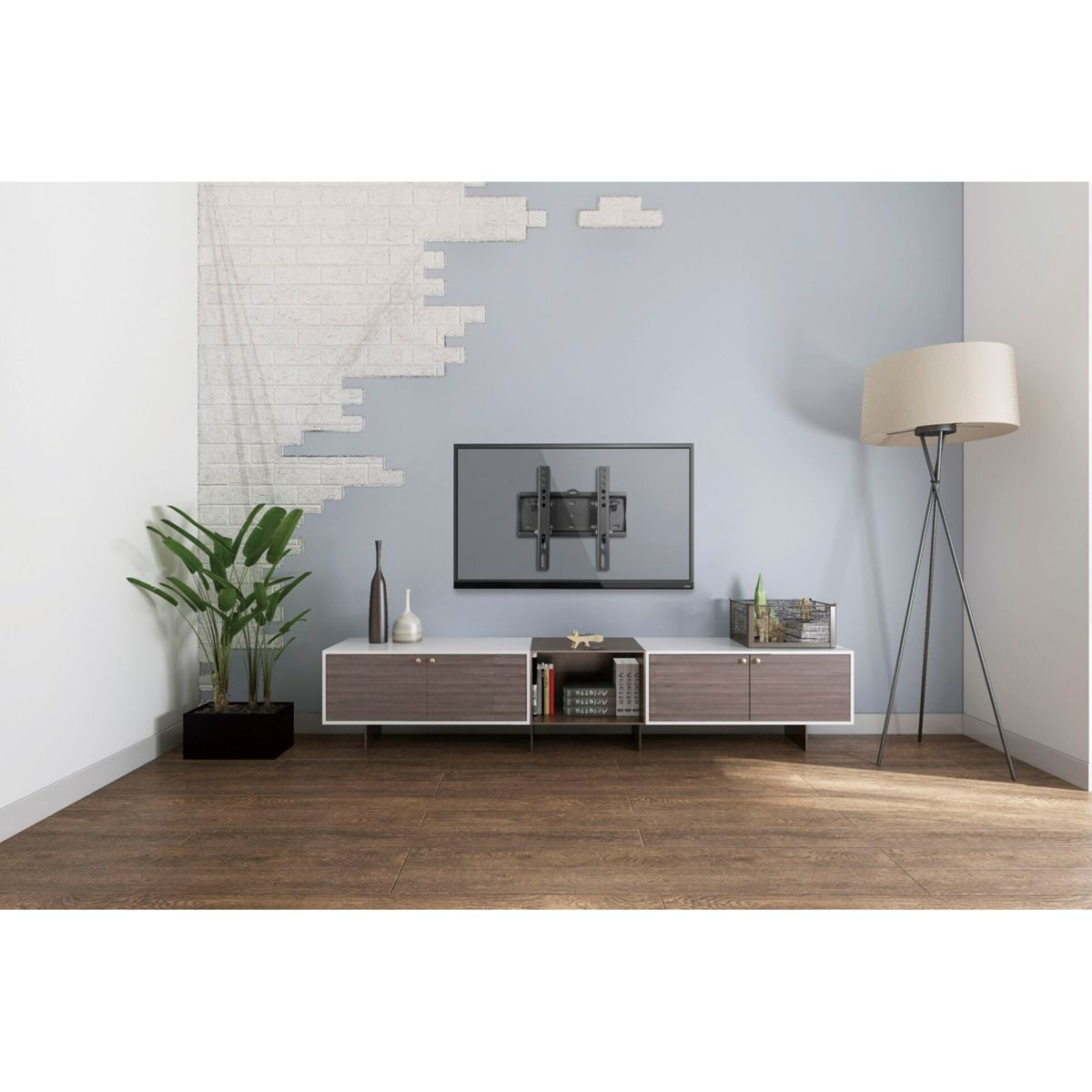 Wohnzimmer mit TV an der Wand. Lampe, Pflanze und Möbel sind sichtbar.