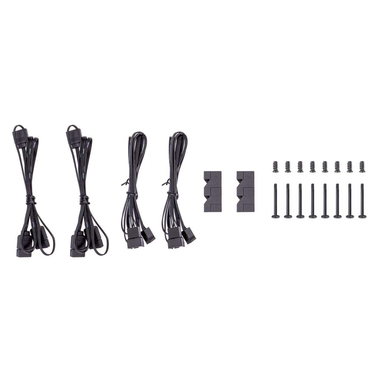 Verschiedene schwarze Lüfterkabel, Kabelclips und Schrauben auf weißem Hintergrund für einen Computeraufbau.