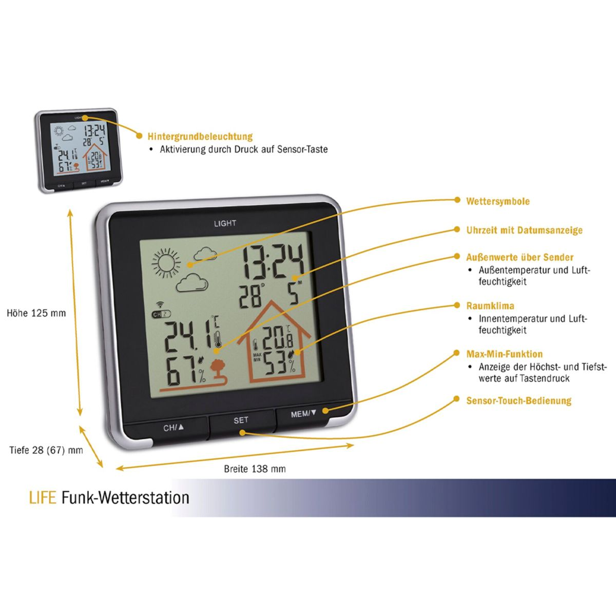 Eine digitale Wetterstation, die Zeit, Temperatur und Luftfeuchtigkeit mit Beschriftungen und einem schwarzen Rahmen anzeigt.