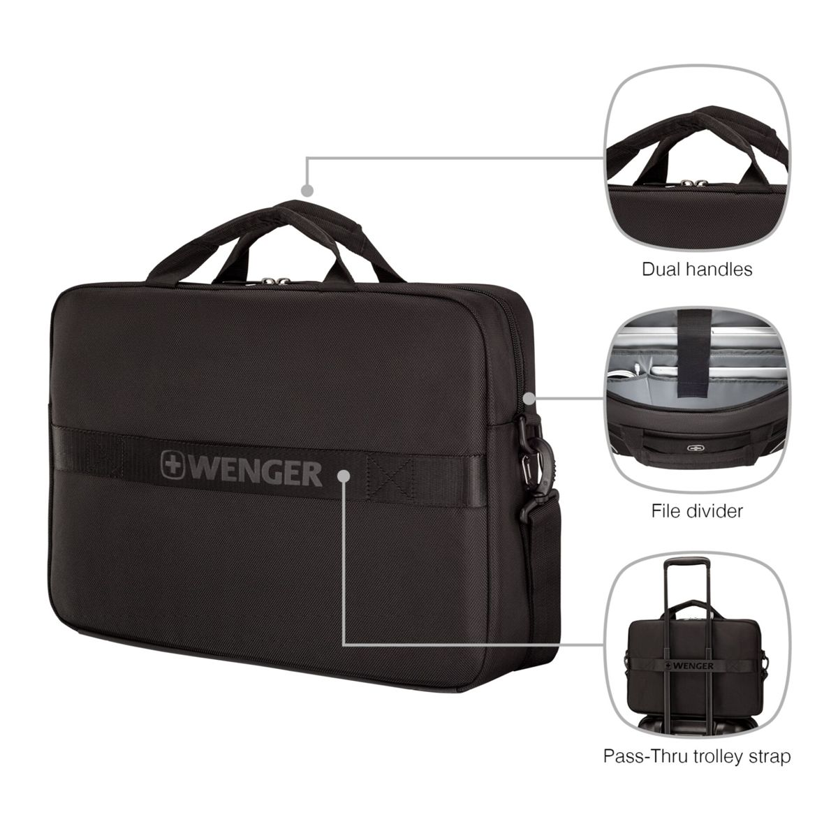 Eine schwarze Wenger Laptoptasche mit Details: Doppelgriffe, Aktenunterteiler, Trolley-Gurt.