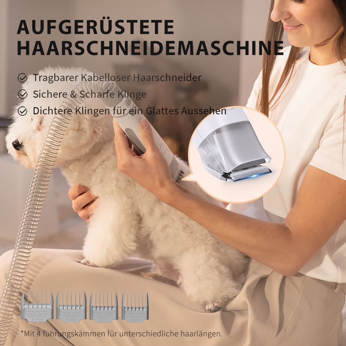 Eine Frau schneidet das Haar eines weißen Hundes mit einem Haustier-Haarschneider, mit Führungskämmen.
