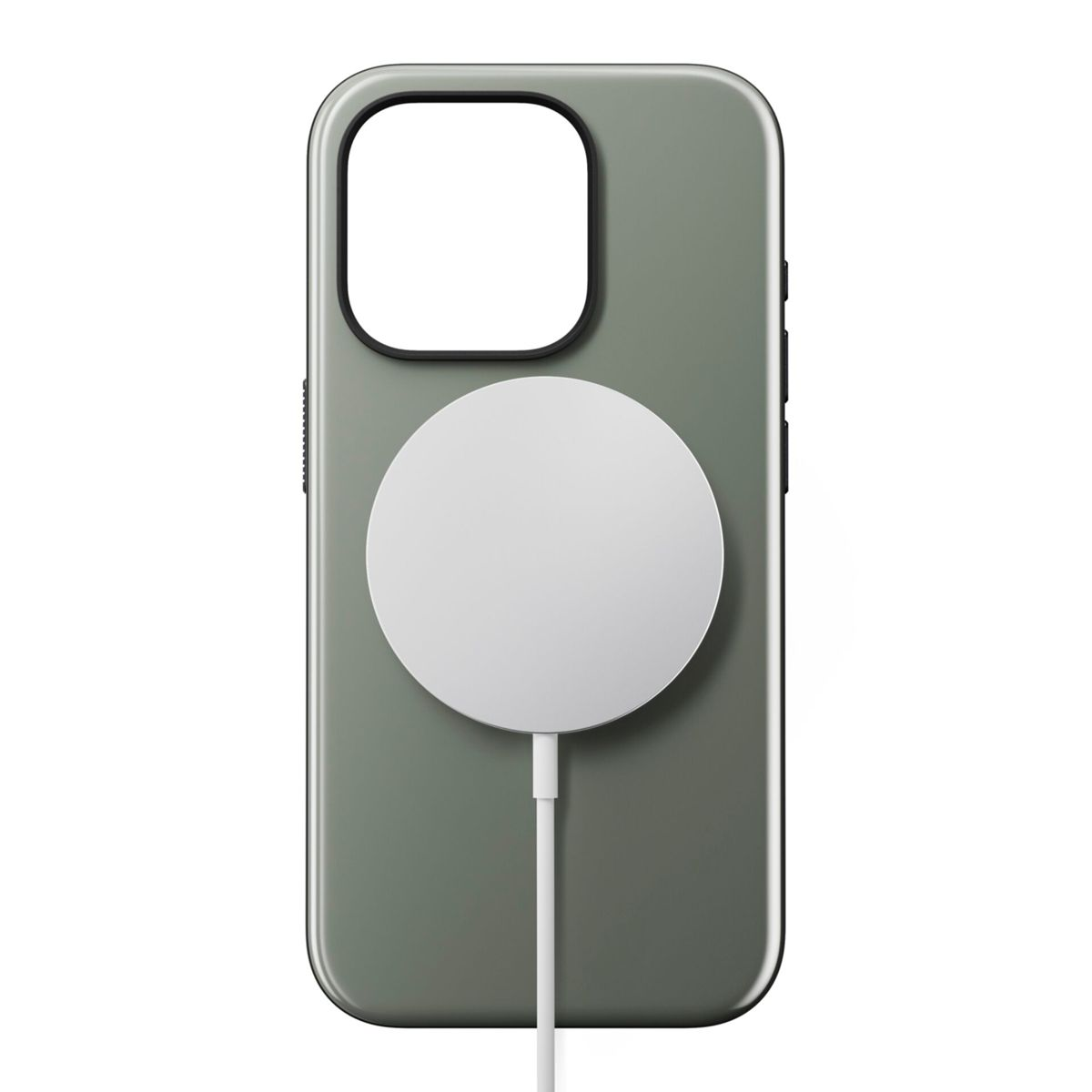Eine olivfarbene Handyhülle mit einem weißen MagSafe-Ladegerät. Der Kameraausschnitt ist schwarz.