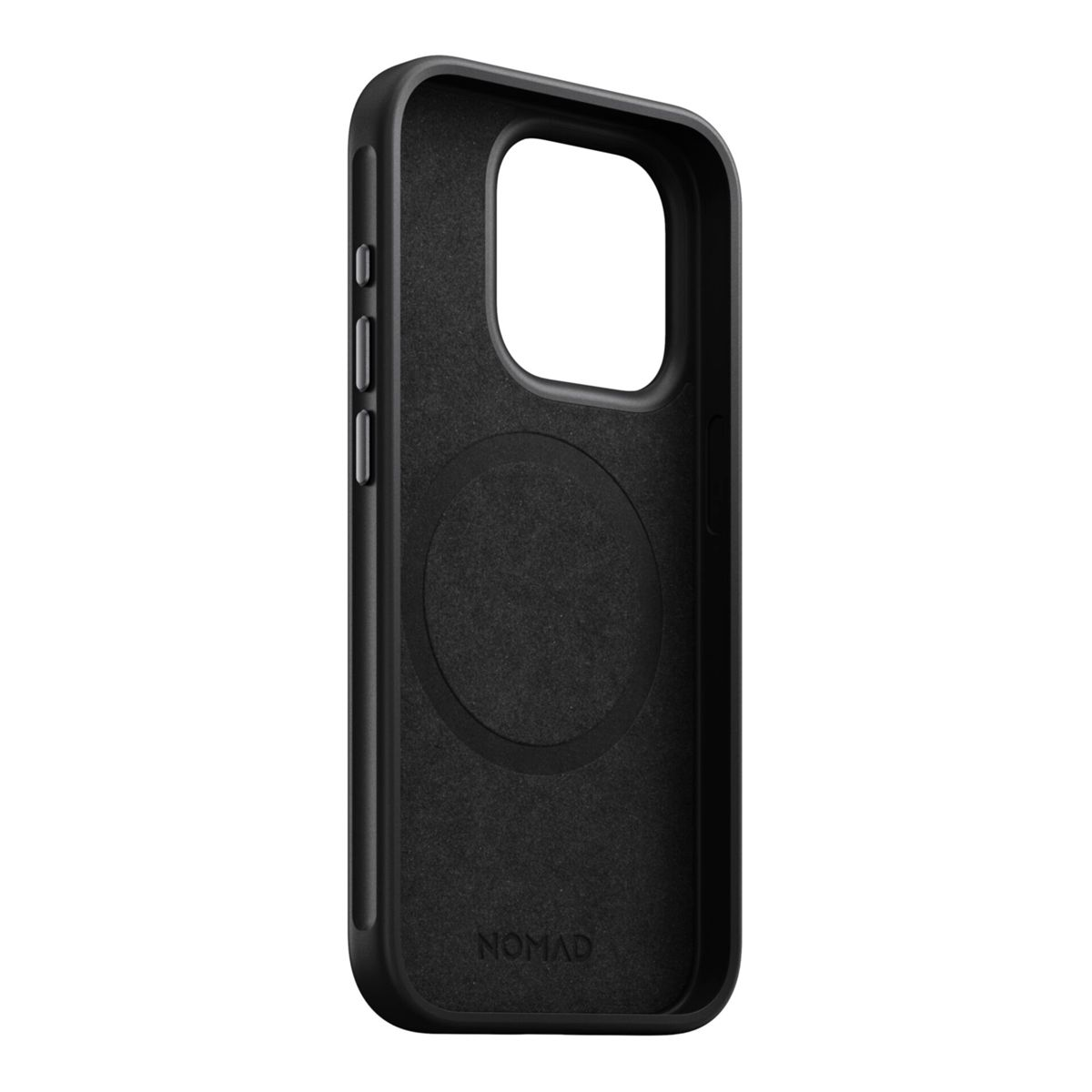 Schwarze Handyhüllen-Innenansicht. Die Hülle ist offen und zeigt das Innere und den Platz für das Telefon.