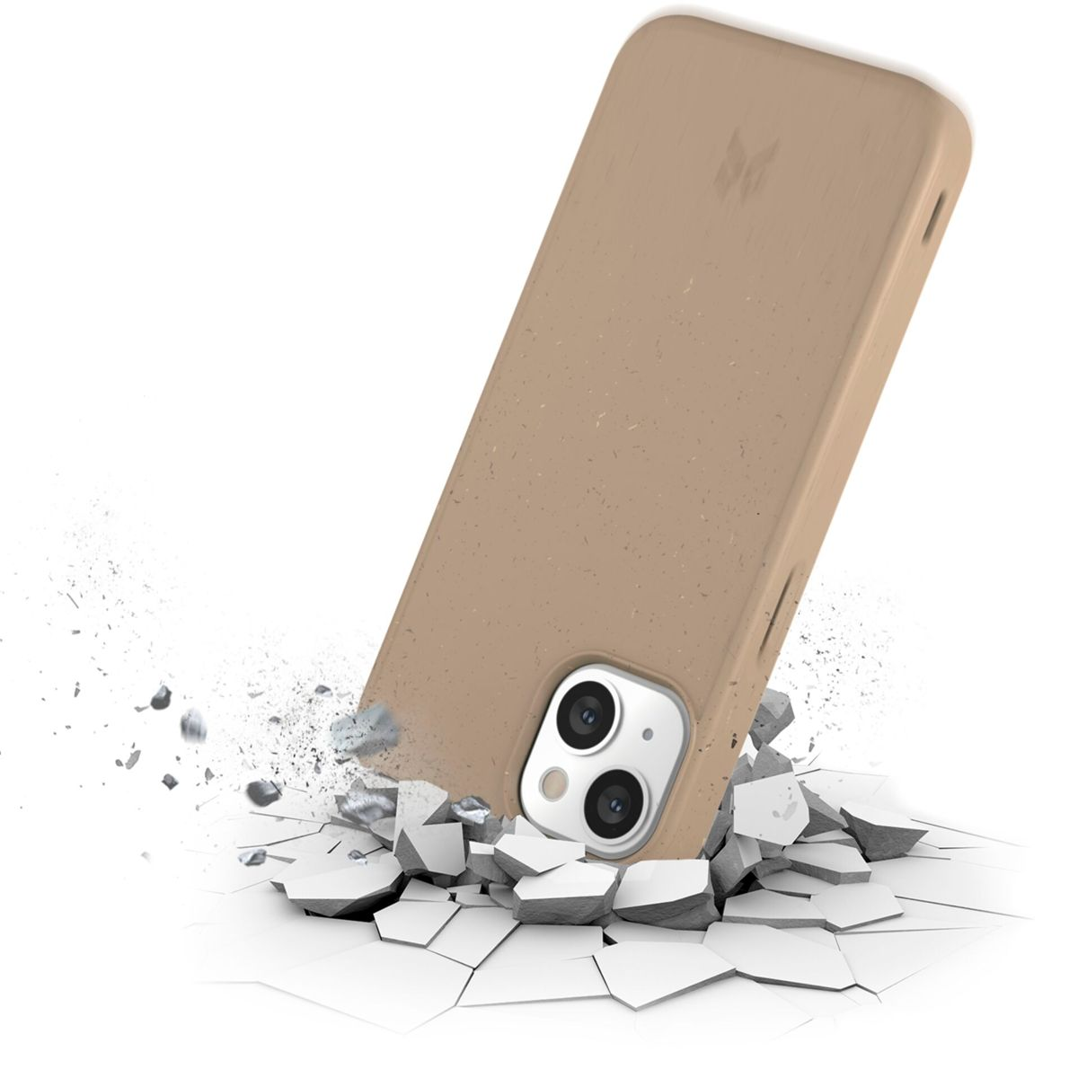 Ein Telefon in einer braunen Hülle liegt mit Rissen um sich herum auf dem Boden.