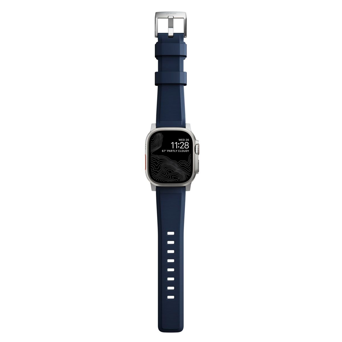 Eine Smartwatch mit blauem Armband, die Zeit und Wetter anzeigt.