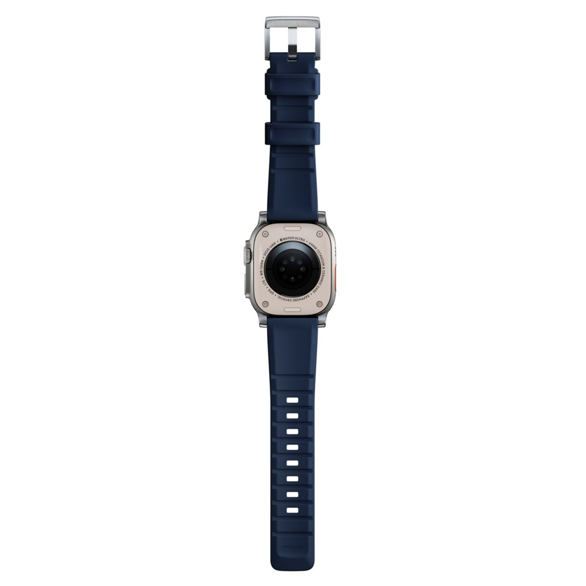 Rückseite einer Smartwatch mit blauem Armband, die Sensoren und Anschlüsse zeigt.