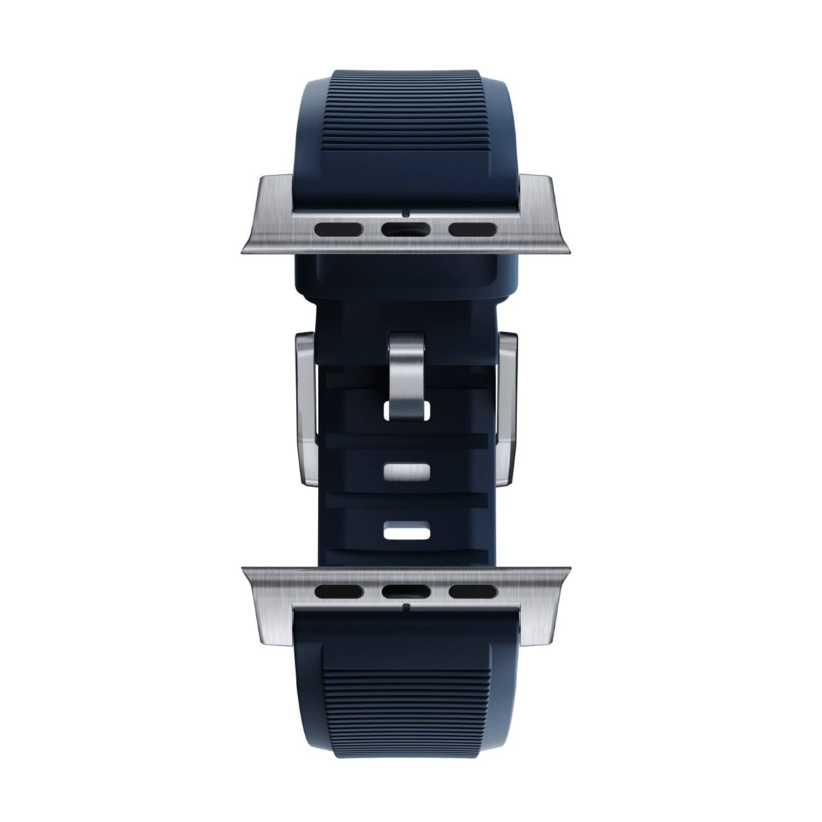 Dunkelblaues Uhrenarmband mit silbernen Metallschnallen und -aufsätzen. Das Band ist vertikal zentriert.