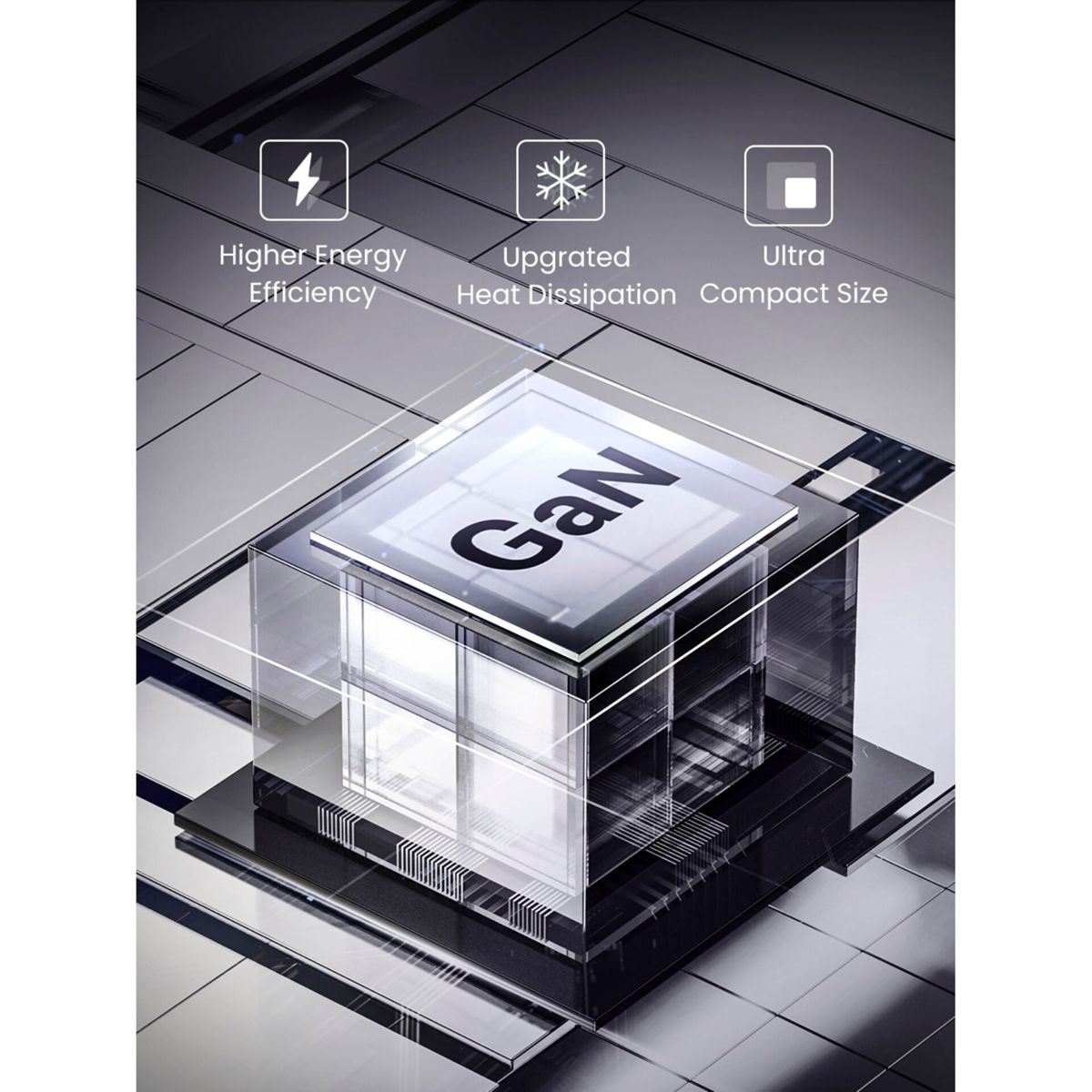 Diagram z tekstem o GaN, pokazujący chip z tekstem i ikonami wydajności i rozmiaru.
