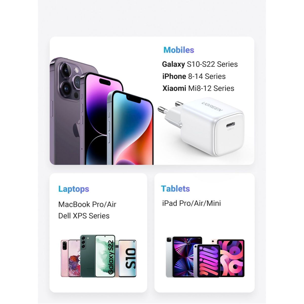 Obraz z trzema telefonami, ładowarką i listą kompatybilnych telefonów komórkowych, laptopów i tabletów.