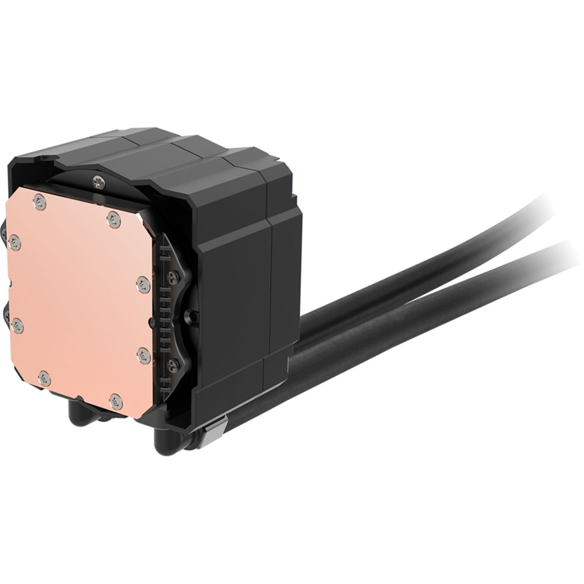 Black and copper computer cooling system. Two black tubes extend from it. White background.