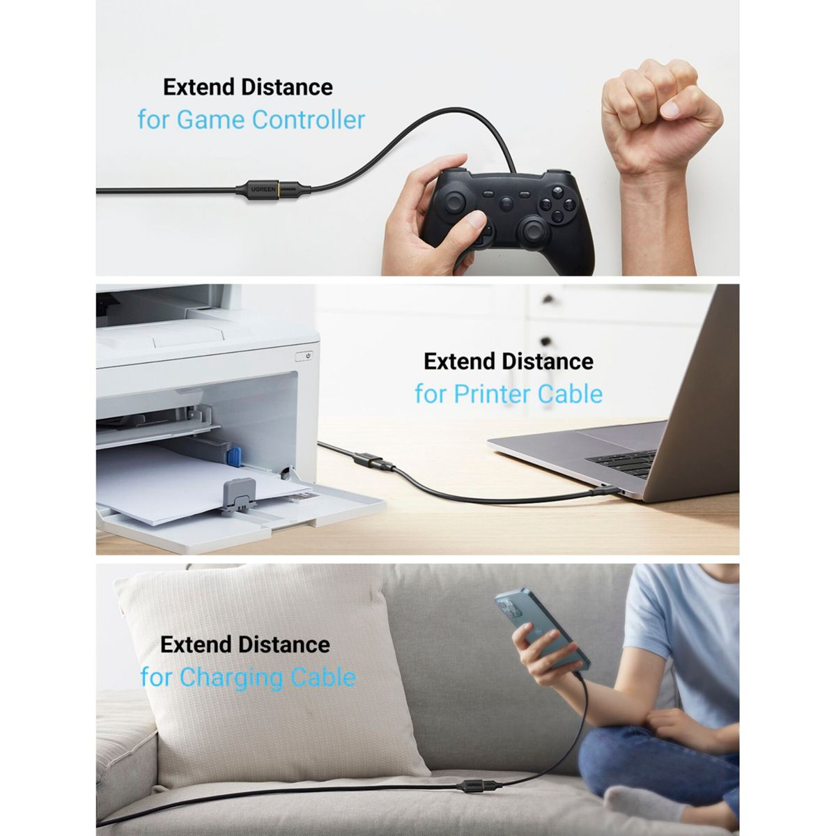 Drie afbeeldingen met Anker-kabels die de afstand verlengen voor een gamecontroller, een printer en een telefoon.