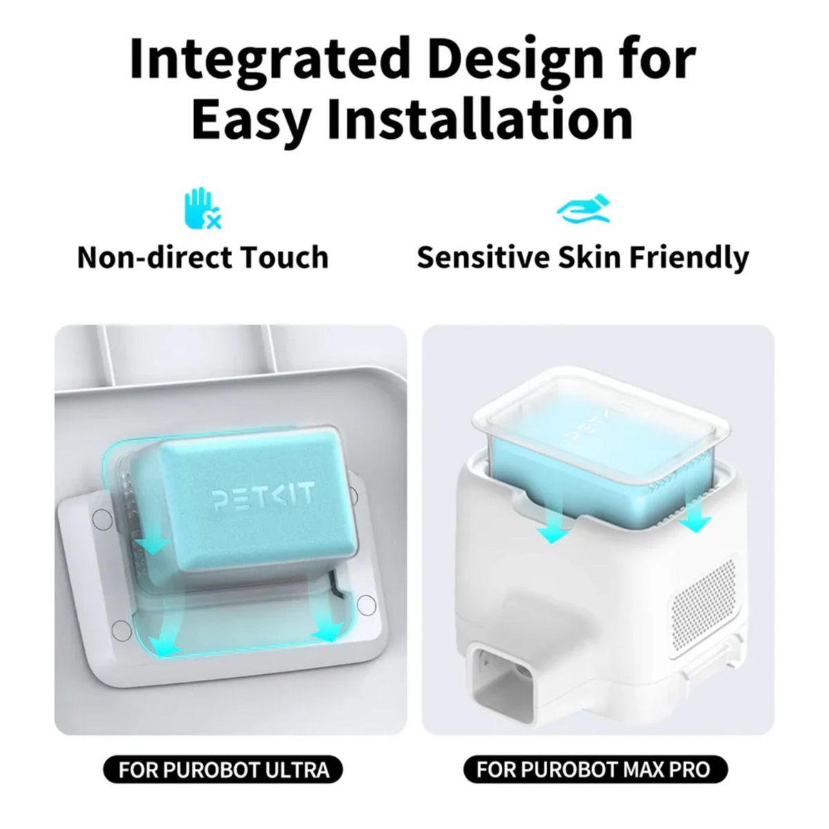 Diagramm, das zwei Geräte mit blauen seifenartigen Einsätzen zeigt, die mit den Modellen Purobot Ultra und Max Pro verwendet werden.