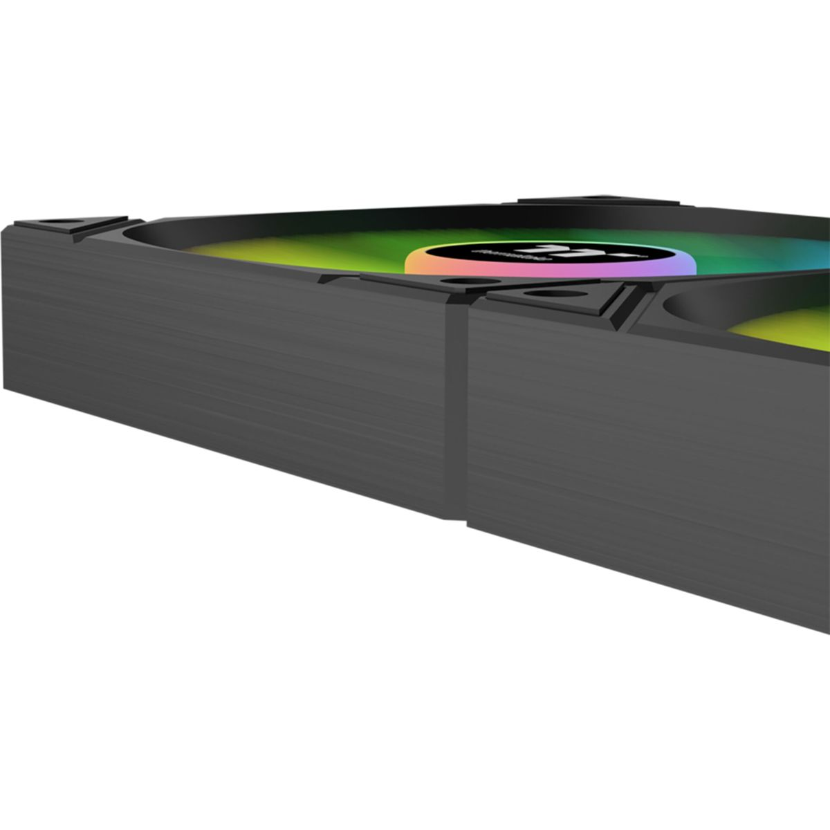 Close up of a dark gray computer fan with colorful lights around the edges.