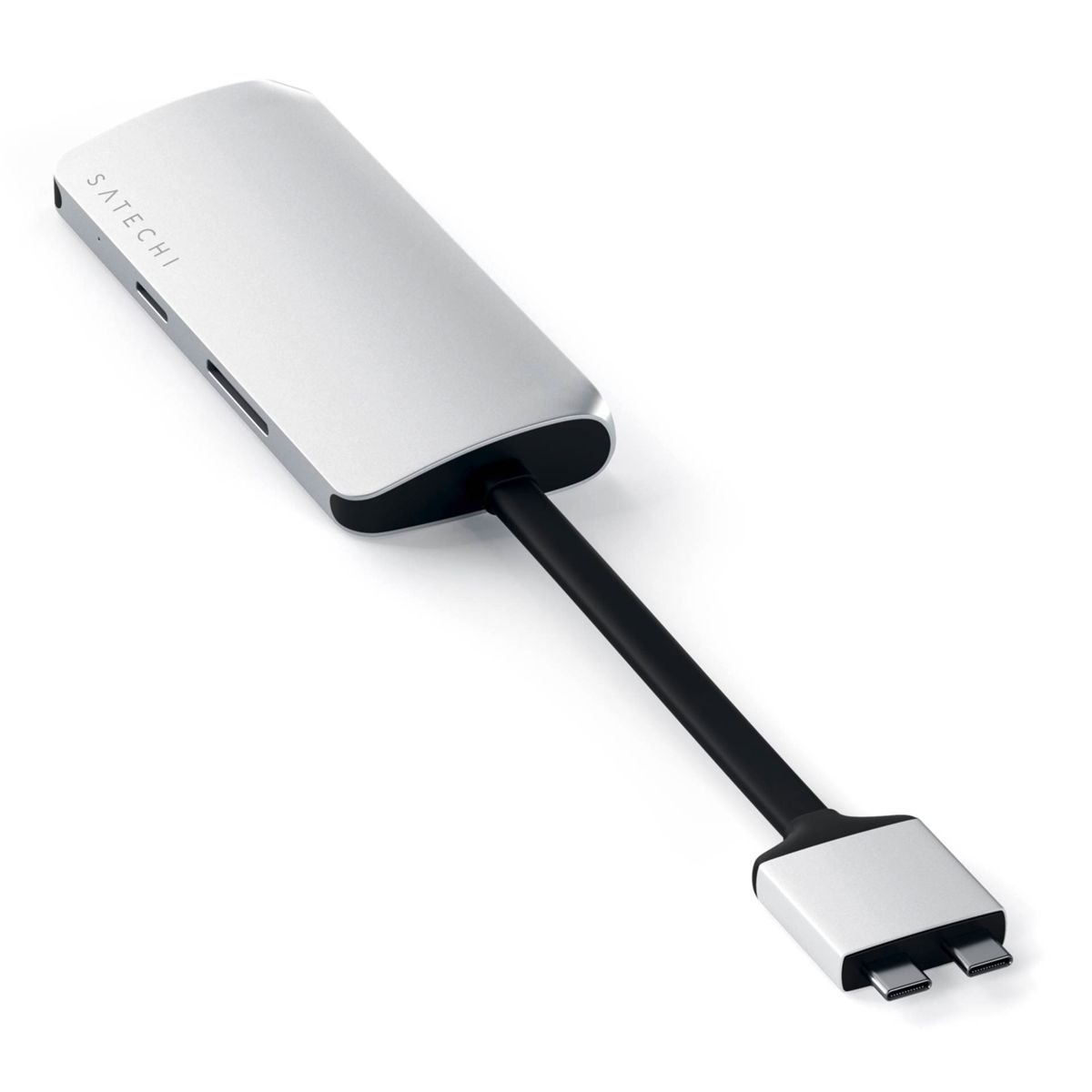 Hub argento con cavo nero e connettore USB-C su sfondo bianco.
