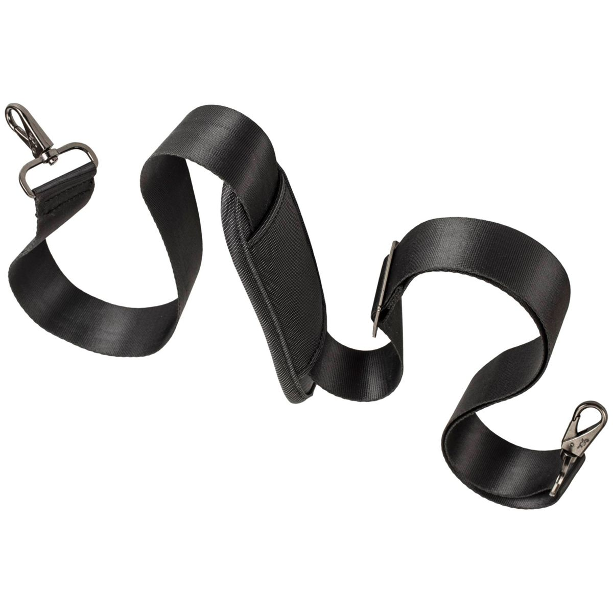 Zwarte camerariem met metalen clips en een gewatteerde schoudersteun op een wit oppervlak.