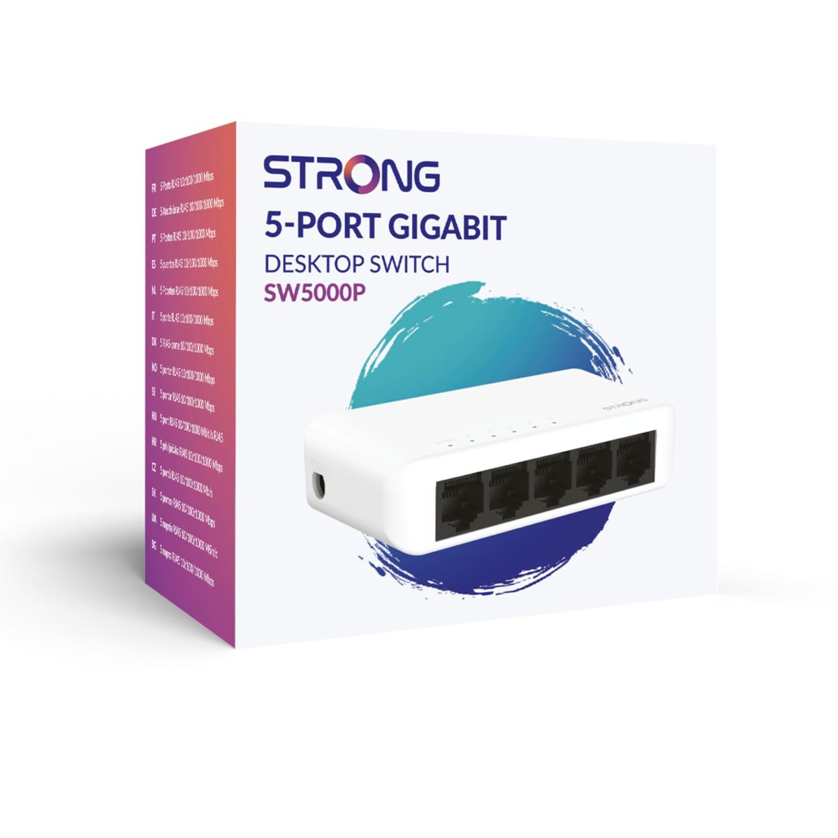 Białe pudełko z 5-portowym przełącznikiem gigabitowym Strong. Pudełko jest pod kątem.