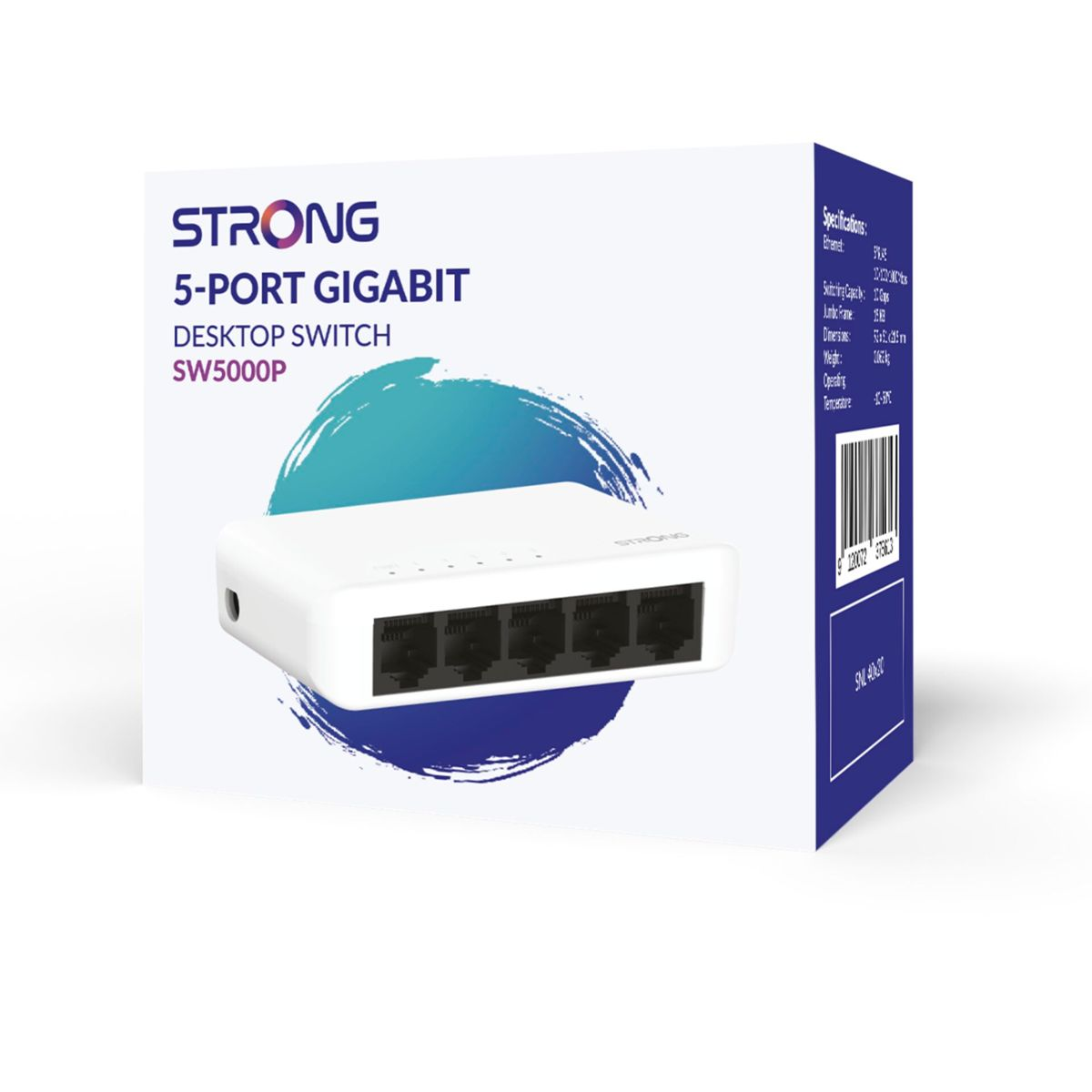 Białe pudełko z 5-portowym przełącznikiem gigabitowym Strong. Pudełko jest pod kątem.