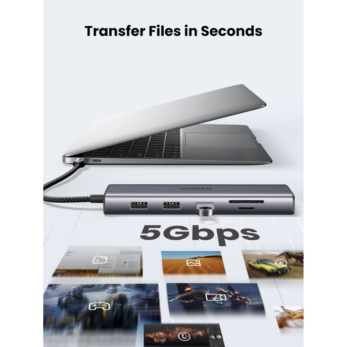 Laptop podłączony do koncentratora, otoczony obrazami wideo i zdjęć.