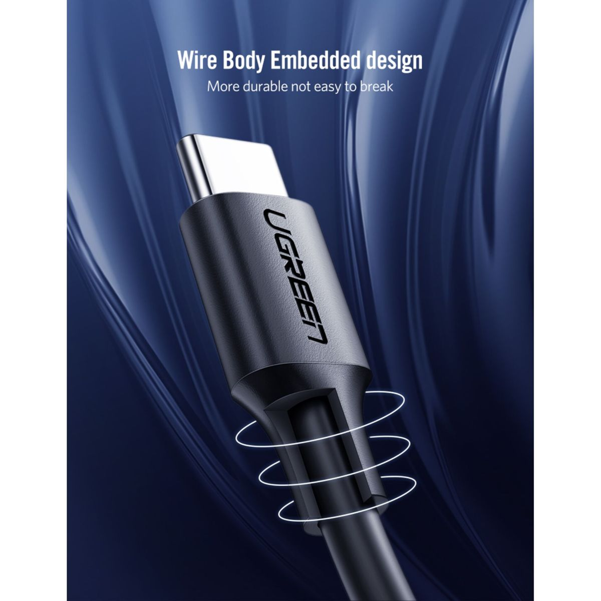Czarny kabel USB-C ze srebrnym złączem i napisem "UGREEN" na niebieskim tle.