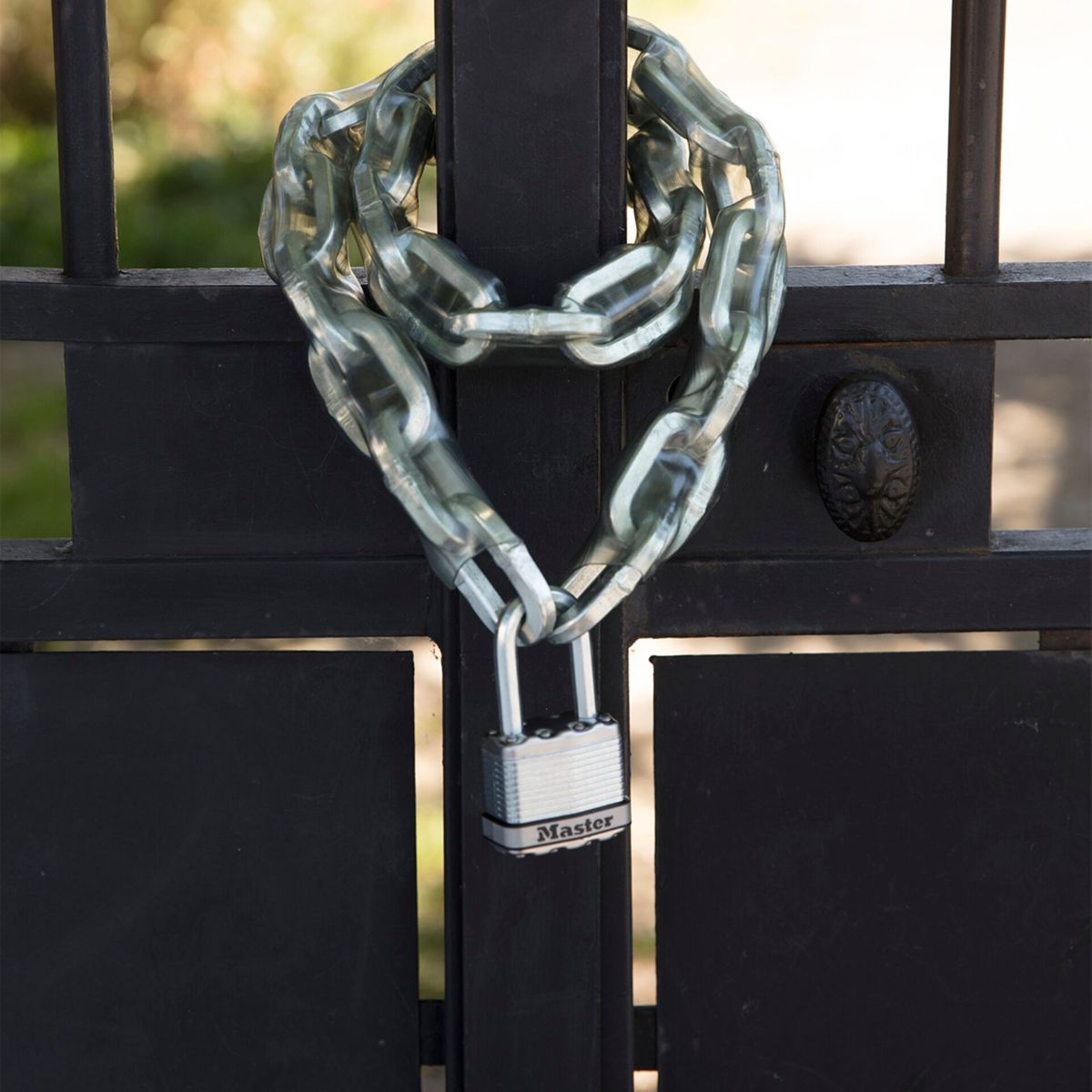 Ein Metalltor mit Kette und Vorhängeschloss.