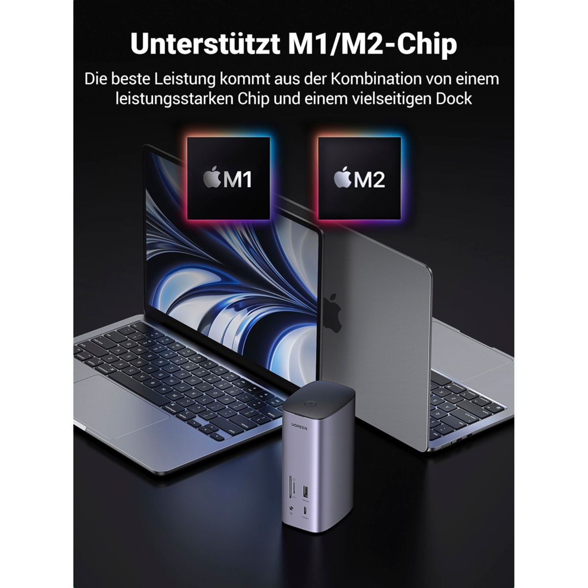 Dwa laptopy i stacja dokująca. Tekst po niemiecku: M1/M2-Chip.