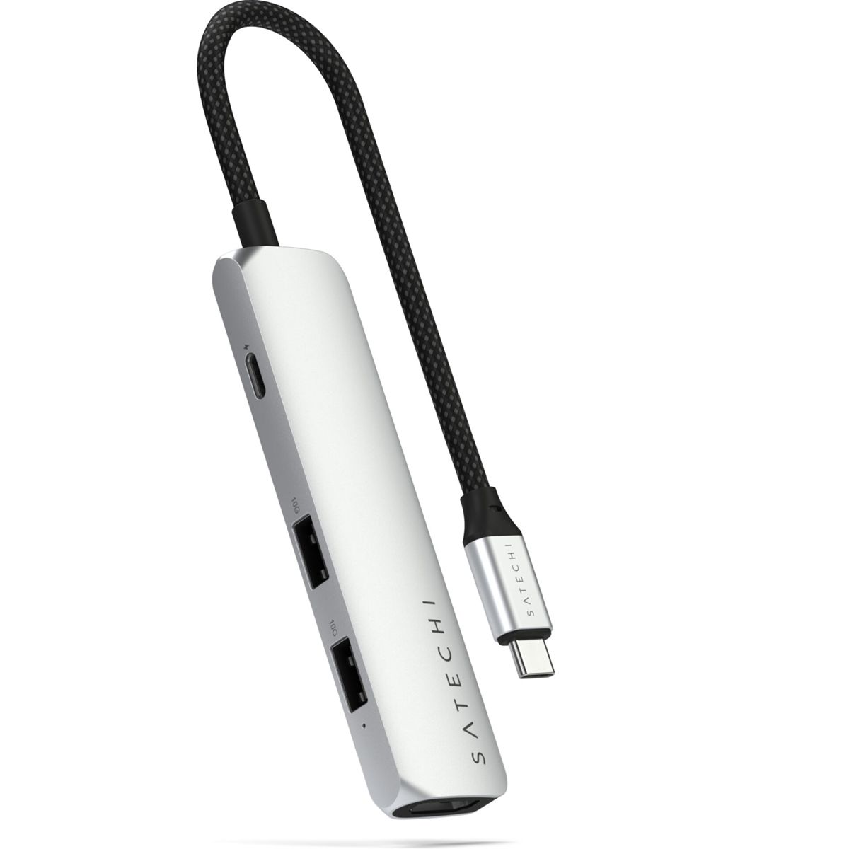 Un hub USB argentato con un cavo nero. Sono visibili due porte USB. Il marchio è visibile.