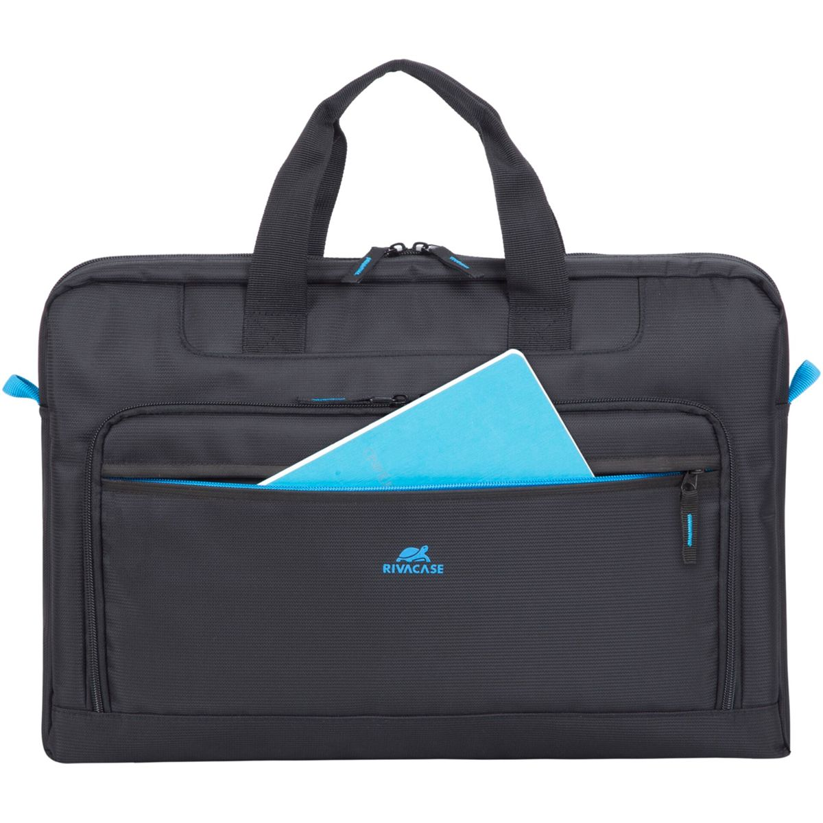 Una borsa per laptop RIVACASE nera con un taccuino blu che sbuca dalla tasca anteriore.
