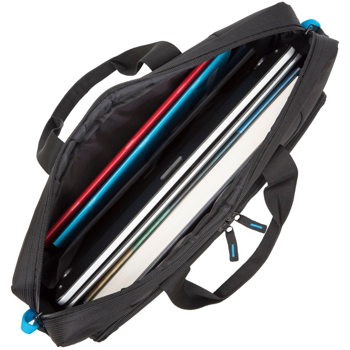 Una borsa nera per laptop con laptop, cartelle all'interno. Cerniera, dettagli blu.