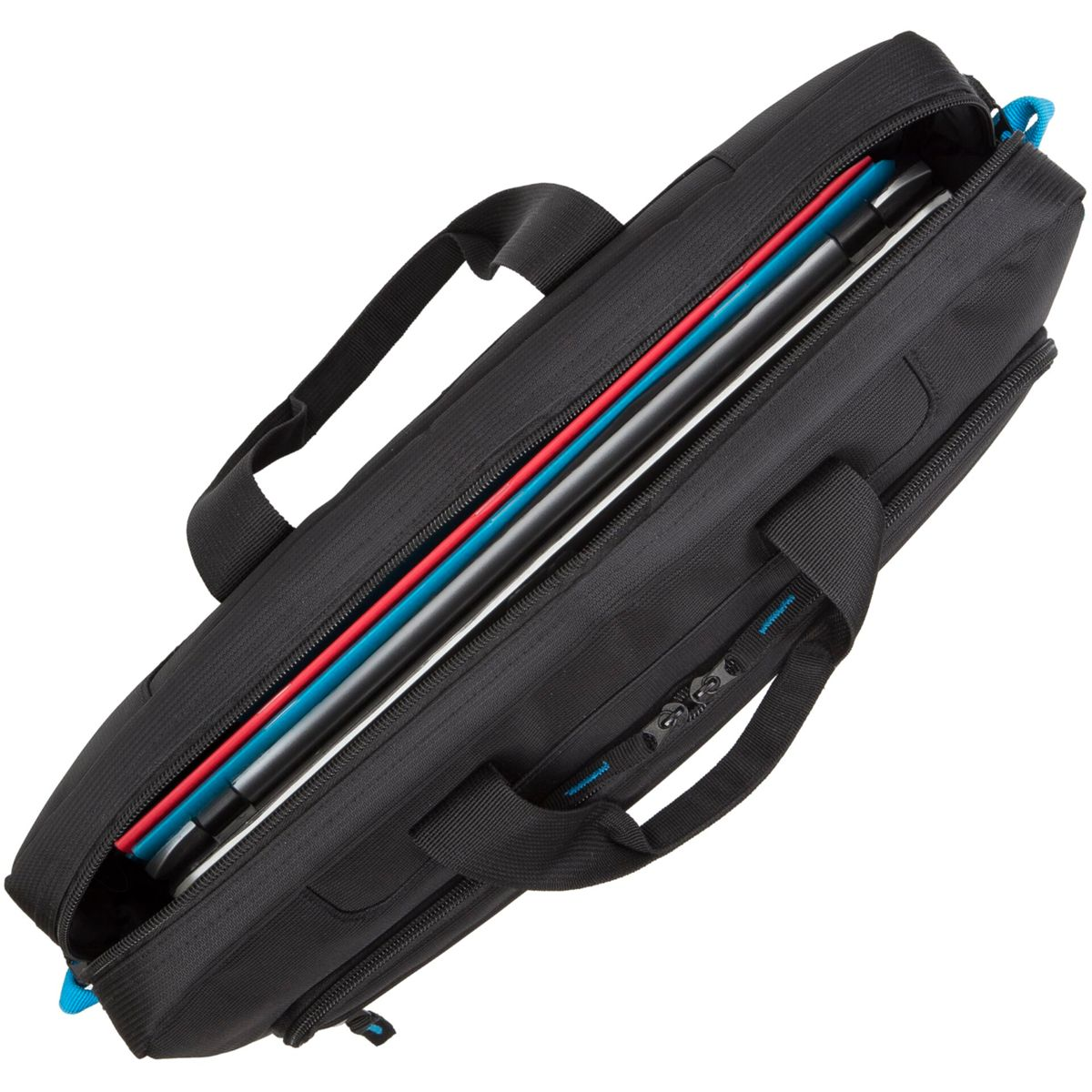 Una borsa per laptop nera aperta, che mostra laptop e cartelle all'interno con dettagli blu e una cerniera.