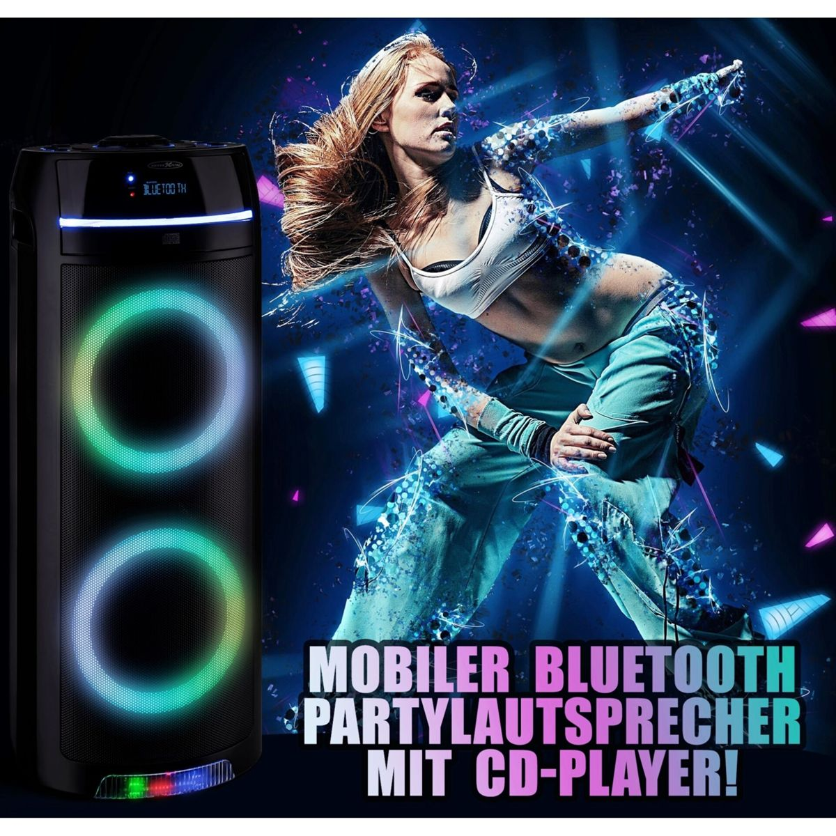 Ein Party-Lautsprecher mit tanzender Frau, bunten Lichtern. Text: Mobiler Bluetooth-Party-Lautsprecher.