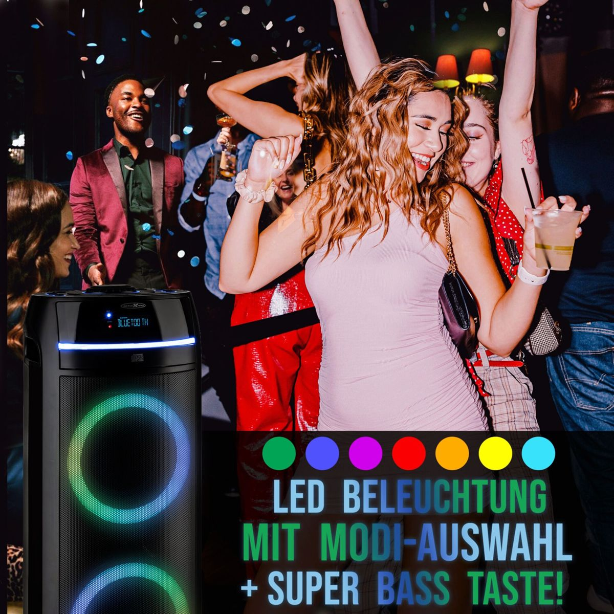 Eine Partyszene mit Lautsprecher und tanzenden Menschen. Bunte LED-Leuchten sind auf dem Lautsprecher.