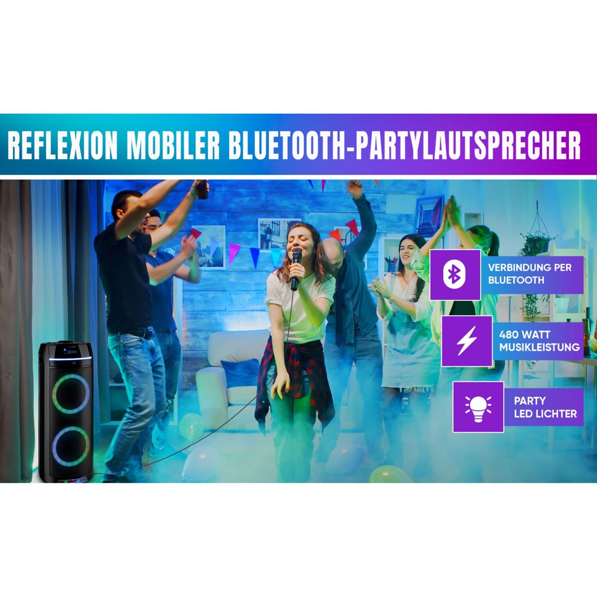 Leute tanzen auf einer Party mit Lautsprecher und Lichtern. Text: Reflexion Mobiler Bluetooth-Party-Lautsprecher.