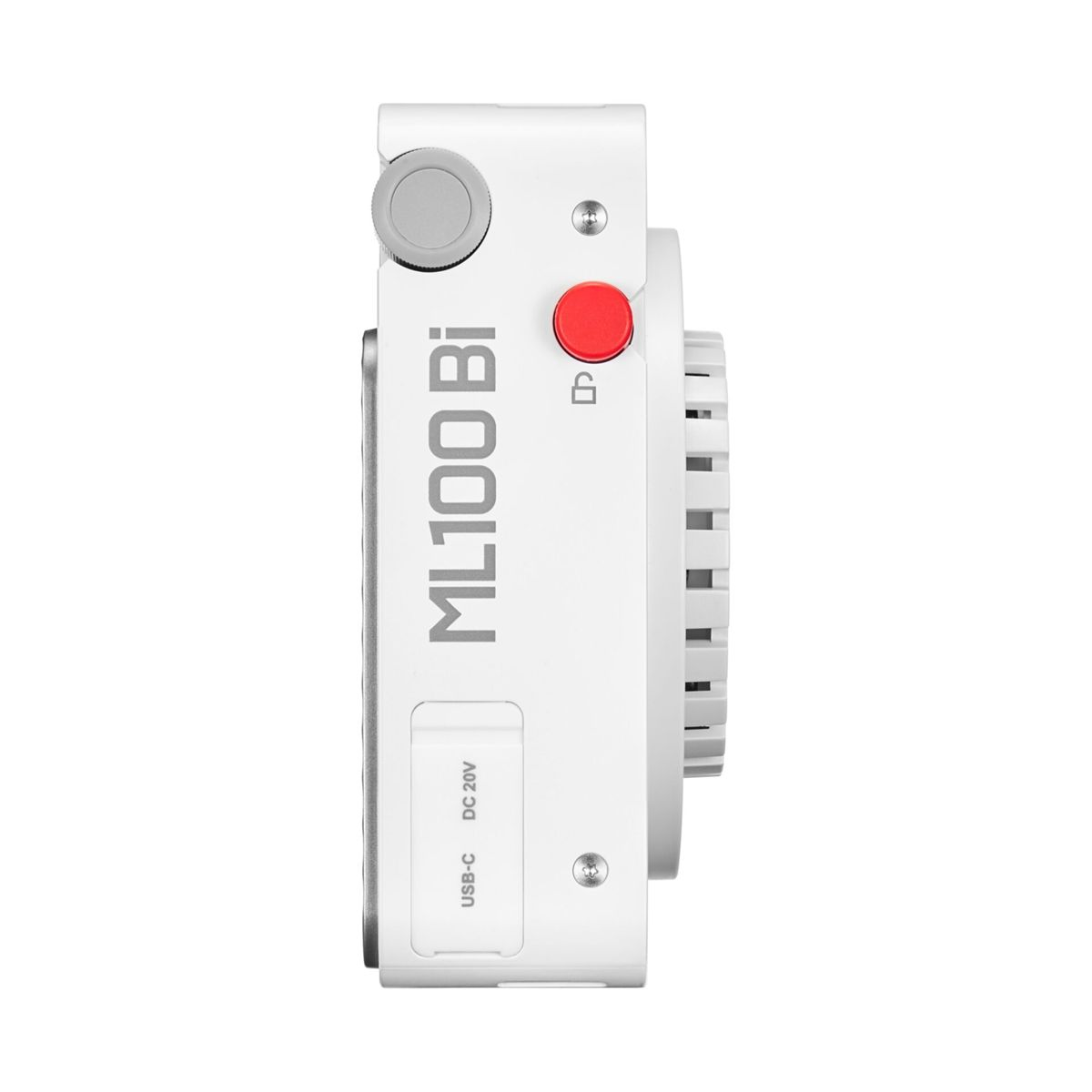 Seitenansicht eines weißen Kamera-Blitzgeräts mit roter Taste und USB-Anschluss. Text: ML100 Bi, DC 20V.