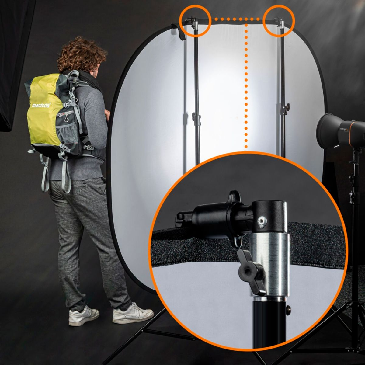 Ein Mann mit Rucksack steht neben einem Reflektor, mit einem Einsatz, der eine Klemme und einen Ständer zeigt.