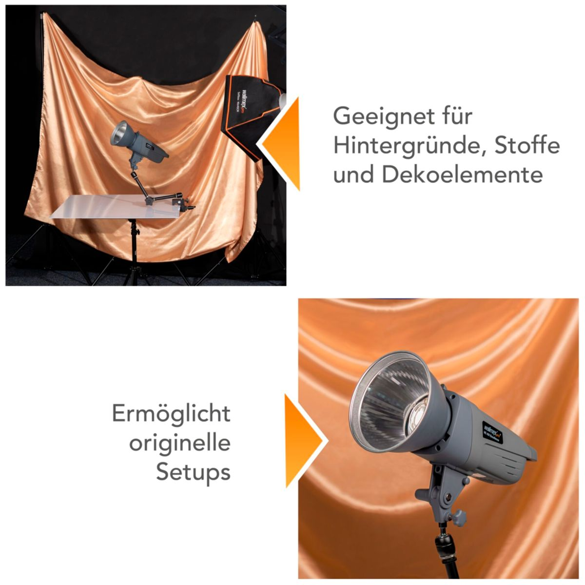Fotostudio-Setup mit Licht und Hintergrund. Text sagt: Geeignet für Hintergründe, Stoffe und Dekoelemente.