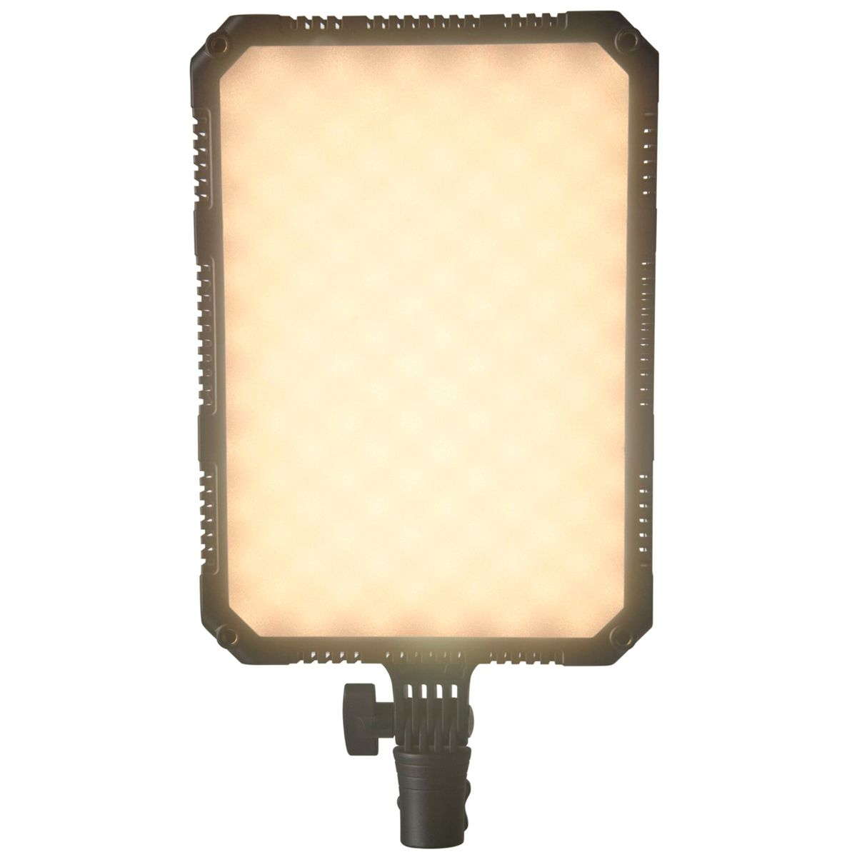 Ein rechteckiges LED-Lichtpanel auf einem Ständer, das warmweißes Licht abgibt. Der Rahmen ist schwarz.