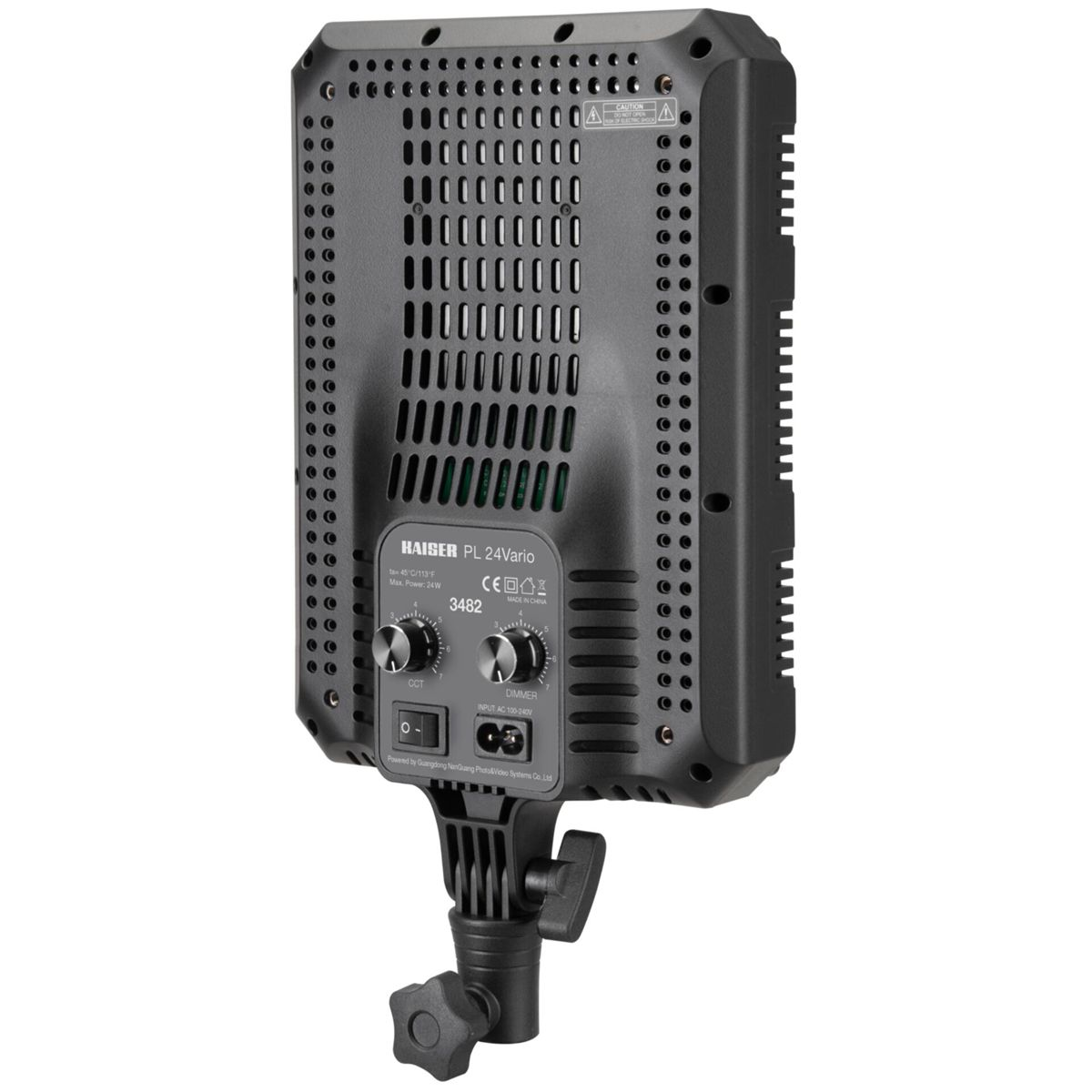 Schwarzes LED-Lichtpanel mit Bedienelementen. Es hat eine Reihe von Löchern und einen kleinen Bildschirm.