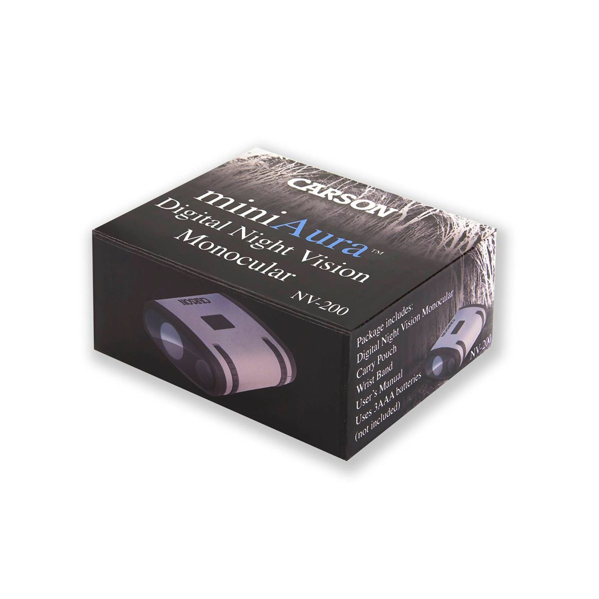 Eine schwarze Box mit Text: miniAura Digital Night Vision Monocular. Die Box hat ein Bild des Geräts.