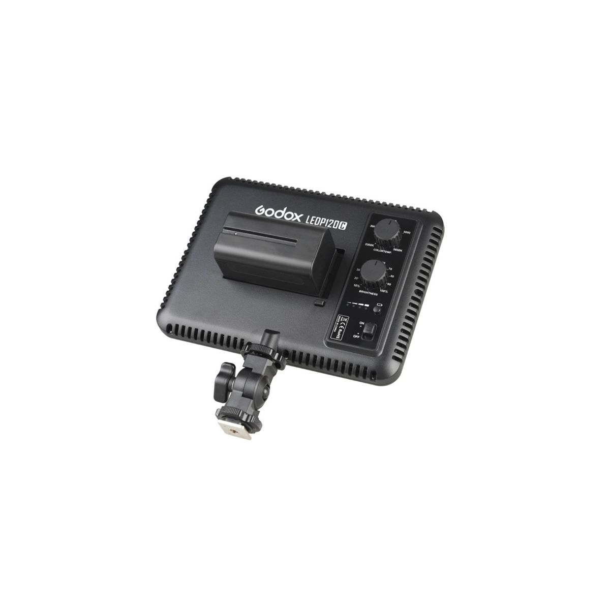 Schwarzes LED-Licht mit angebrachter Batterie. Es hat Einstellräder und einen Ständer.