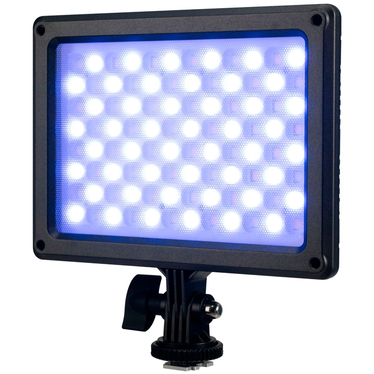 LED-Panel auf einem Ständer, beleuchtet mit weißen Lichtern. Schwarzer Rahmen und Halterung.