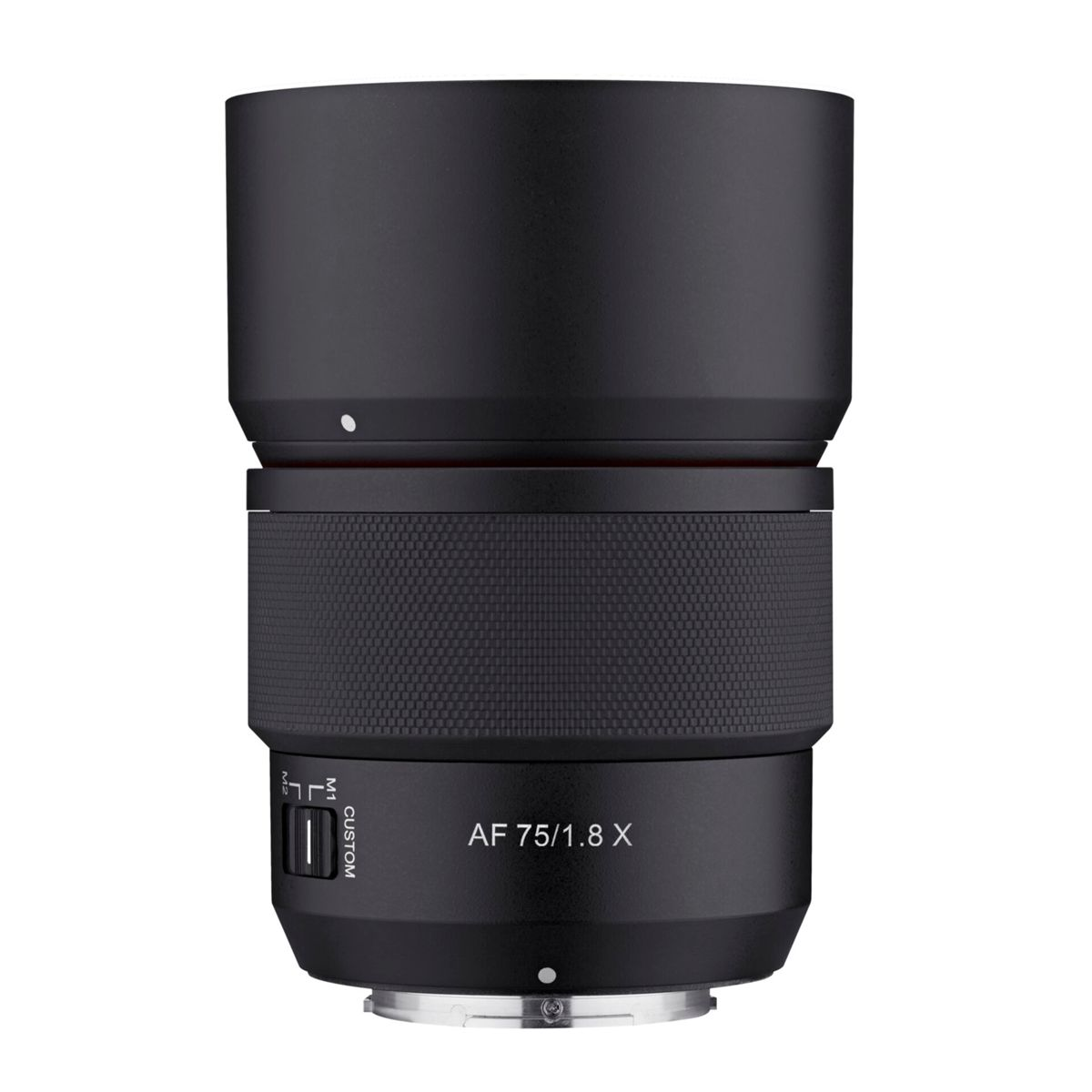 Schwarzes Kameraobjektiv, Vorderansicht. AF 75mm/1.8 X steht auf dem Objektiv.