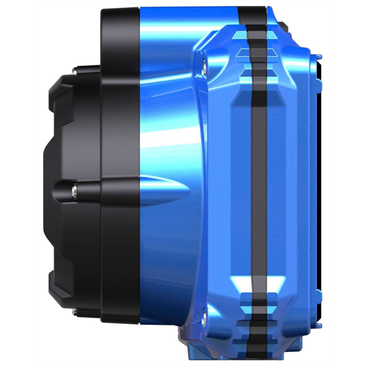 Niebiesko-czarne urządzenie z zaokrąglonym przodem, płaskim tyłem i czarnym bokiem. Ma błyszczące wykończenie.