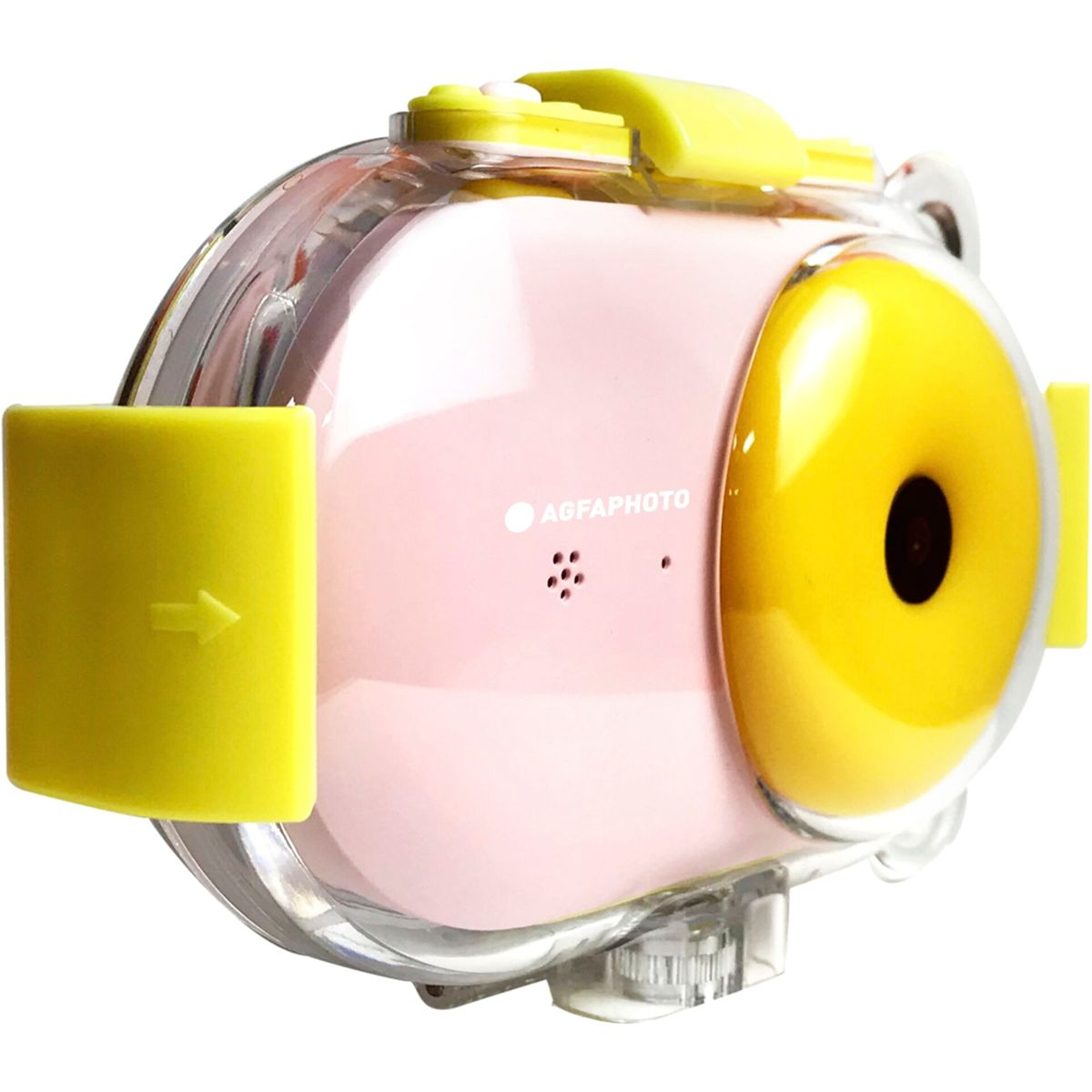 Różowa i żółta kamera w przezroczystej obudowie. Ma okrągły żółty obiektyw i żółtą górę.