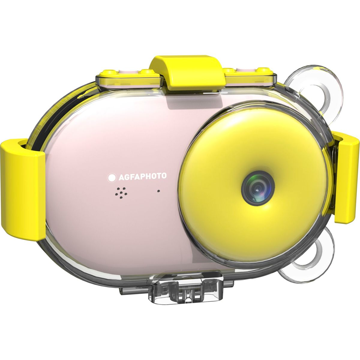 Różowa i żółta wodoodporna kamera. Ma obiektyw, przyciski i przezroczystą obudowę do użytku podwodnego.