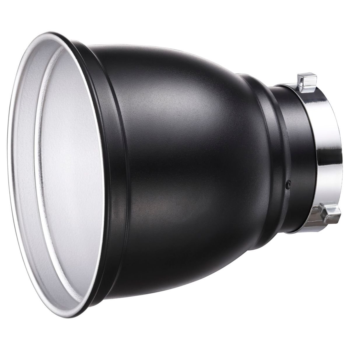 Schwarzer, silberner und weißer Studio-Lichtreflektor. Das gebogene Metallobjekt dient zur Lichtlenkung.