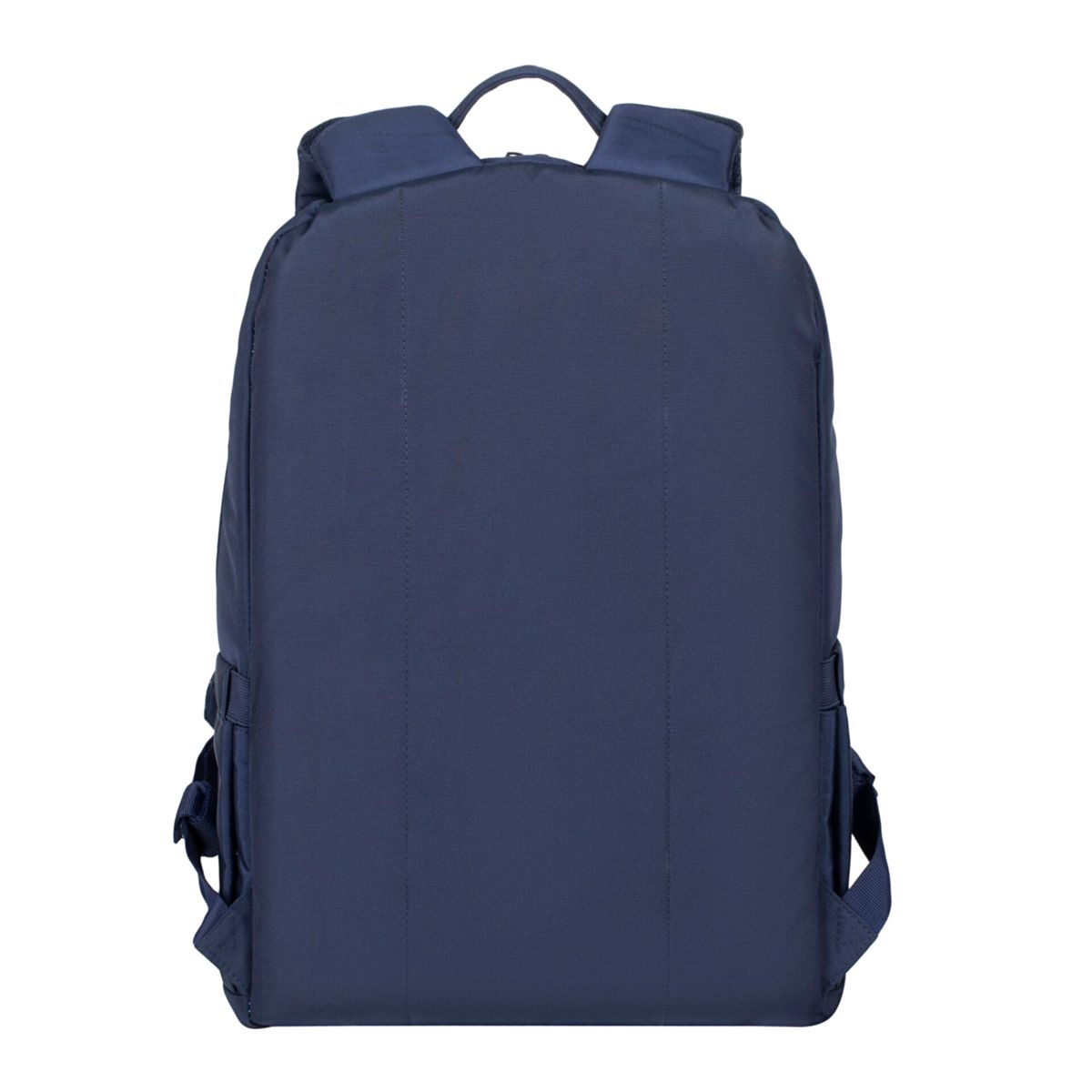 Uno zaino blu navy visto da dietro. Ha due spallacci e diverse tasche.