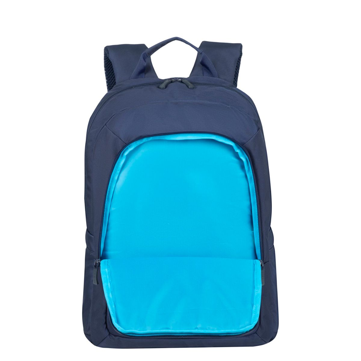 Uno zaino blu con interno azzurro. La cerniera è aperta, mostrando i compartimenti interni.