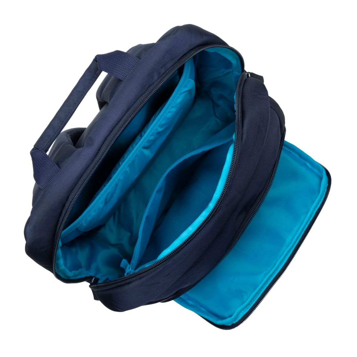 Eine marineblaue Laptoptasche mit offenem Reißverschluss. Die Innenseite hat hellblaue Fächer und einen Griff oben.