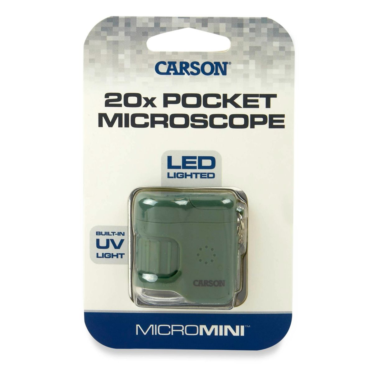 Una confezione mostra un microscopio tascabile verde Carson 20x. Ha LED e luce UV.